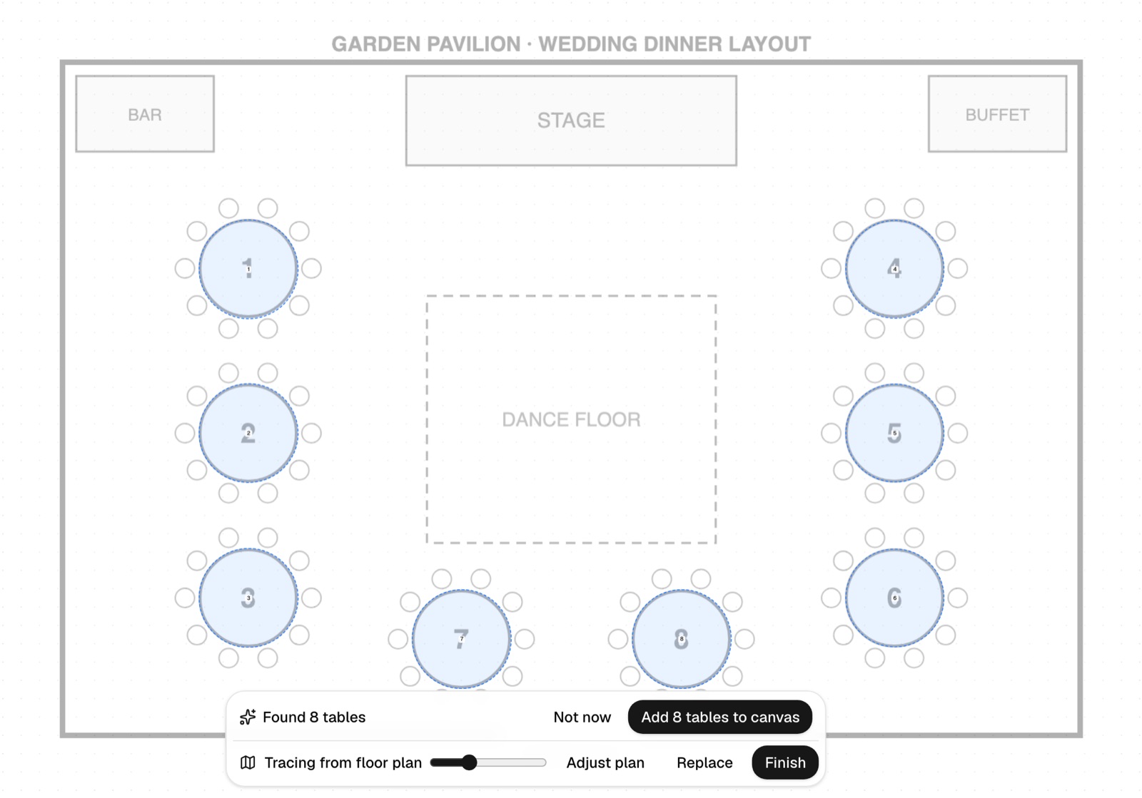 A venue floor plan uploaded to the seating planner, with the eight tables AI found marked and numbered, and a bar reading 'Found 8 tables · Add 8 tables to canvas'.